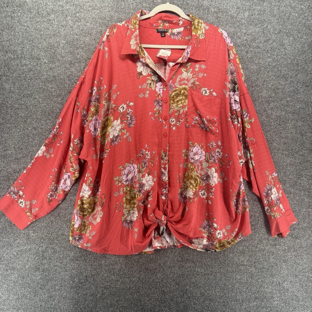 Torrid Top Womens 3X Coral Floral Button Up Peasant Boho Cottage Prairie Western